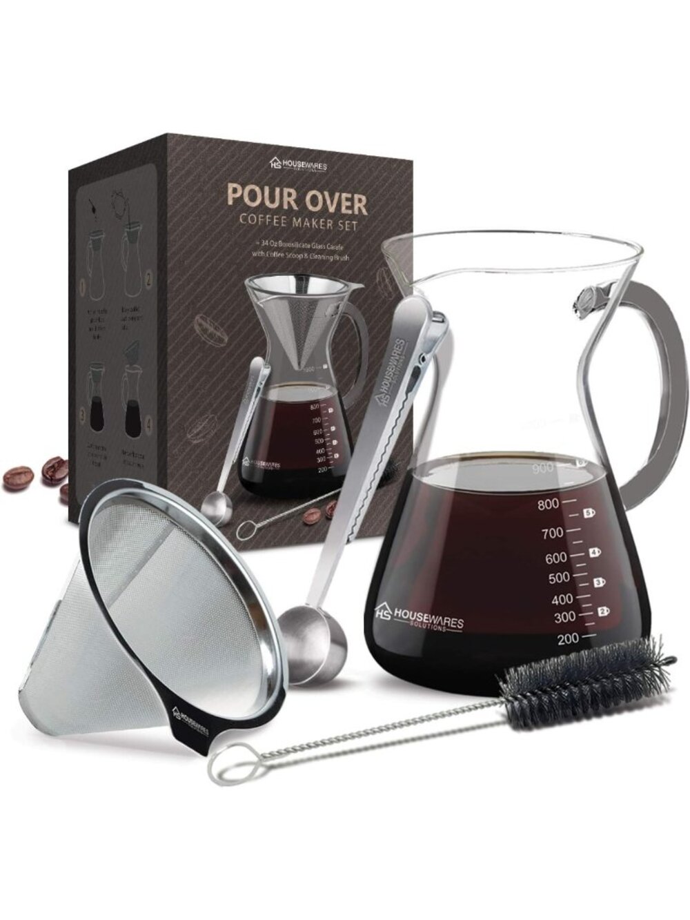 Large Borosilicate Glass Pour Over Coffee Maker Set with Stainless Steel Dripper